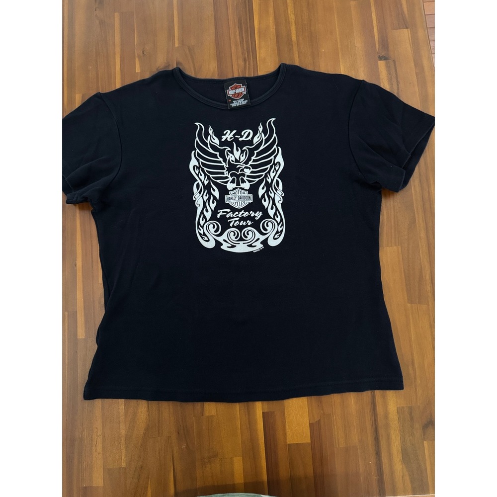 Harley-Davidson T-Shirt "Factory Tour" Womens XL Black Eagle Wings Graphic Tee